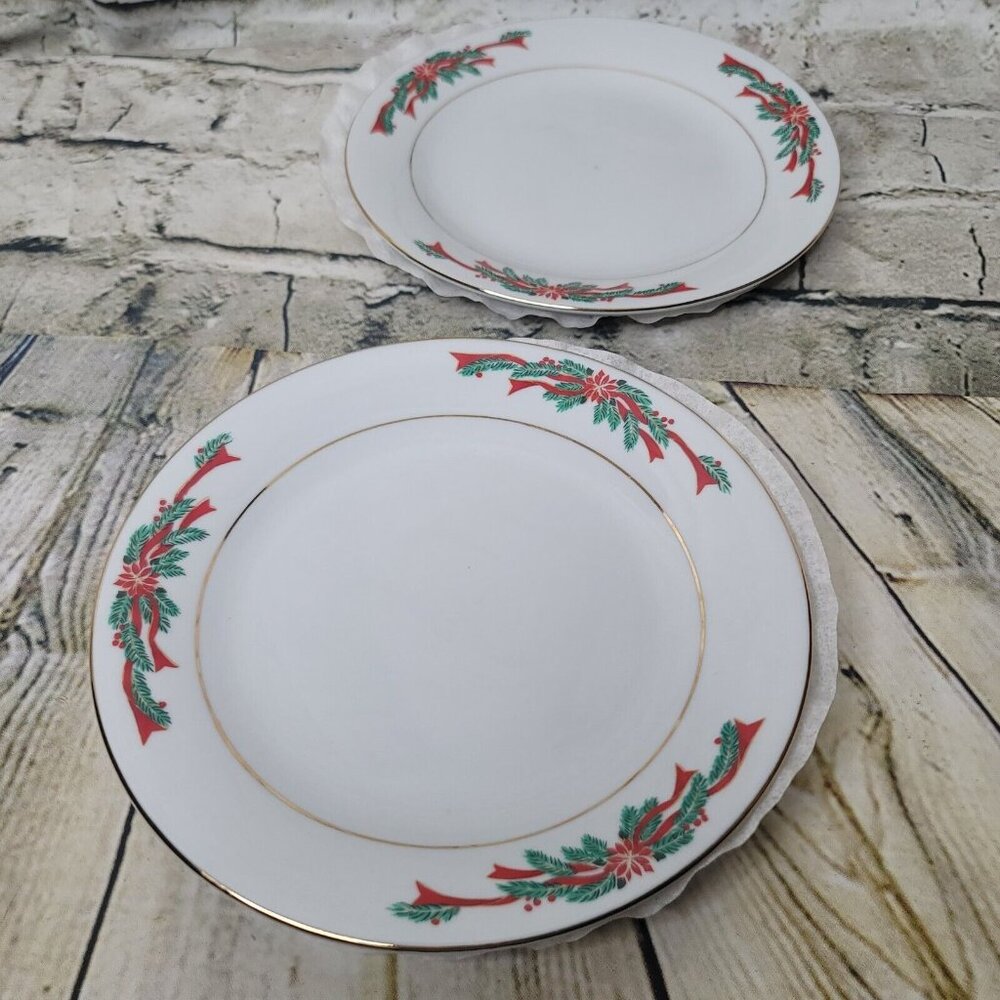 Vintage Fairfield Poinsettia & Ribbons Bread Plate 7.25"  Set of 2